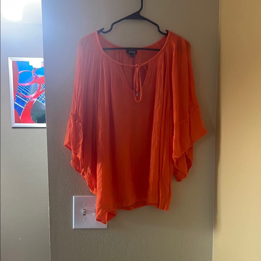 a.n.a Orange Ruffled Tie Front 3/4 Sleeve Blouse